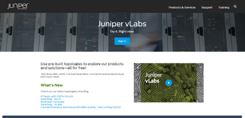 Screenshot of the Juniper vLabs home page