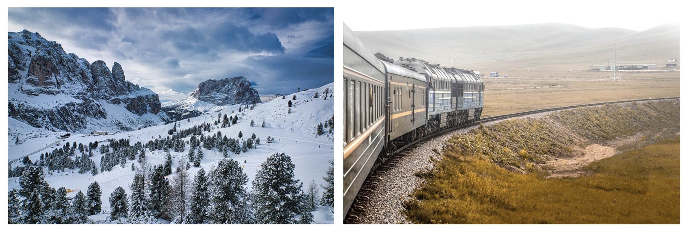 View of mountains with snow and trees (left). Image of a train on a track with hills in the background (right).