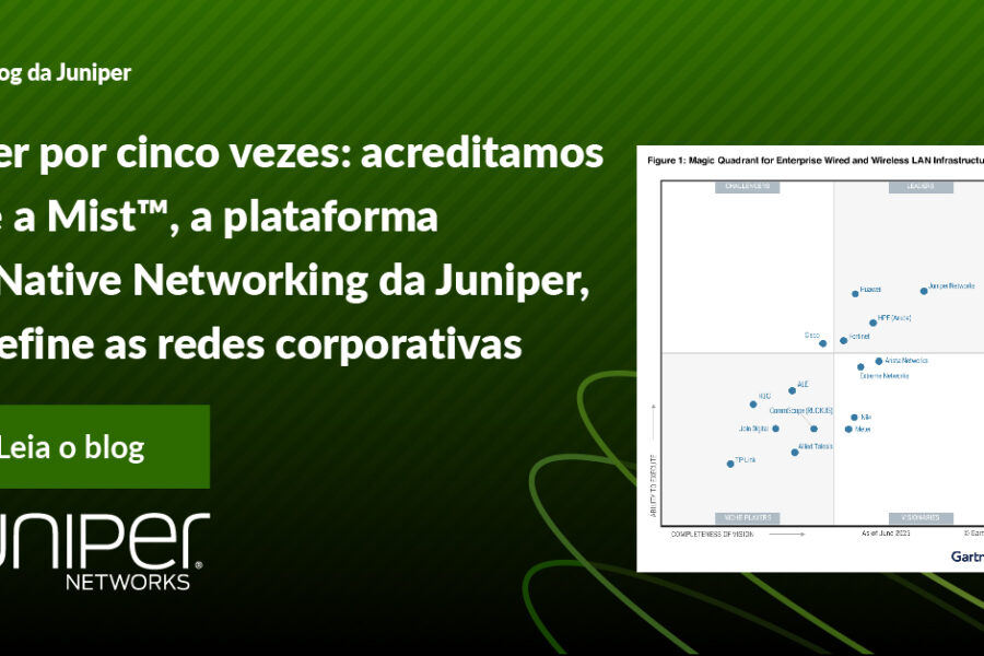 Líder por cinco vezes: acreditamos que a Mist™, a plataforma AI-Native Networking da Juniper, redefine as redes corporativas 